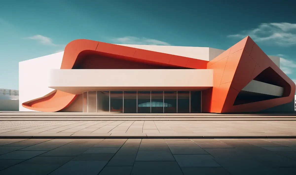 Office exterior design with clean walls, tall windows and landscaping