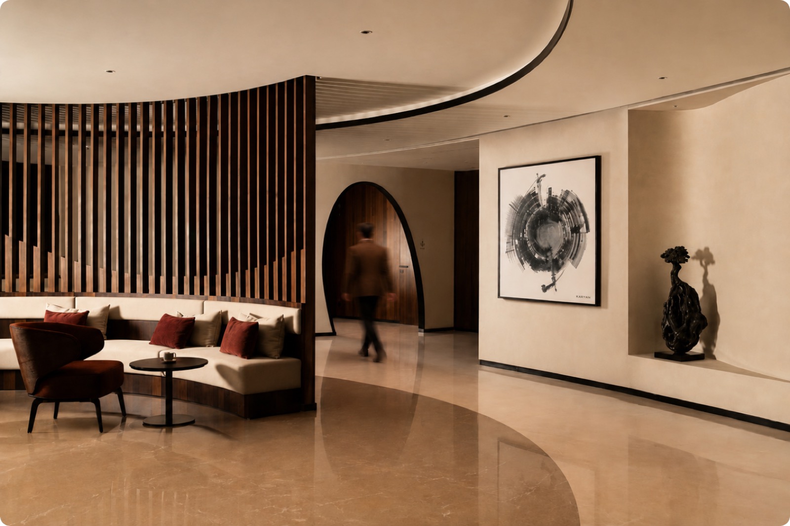Wood-slats reception lobby by OfficeBanao